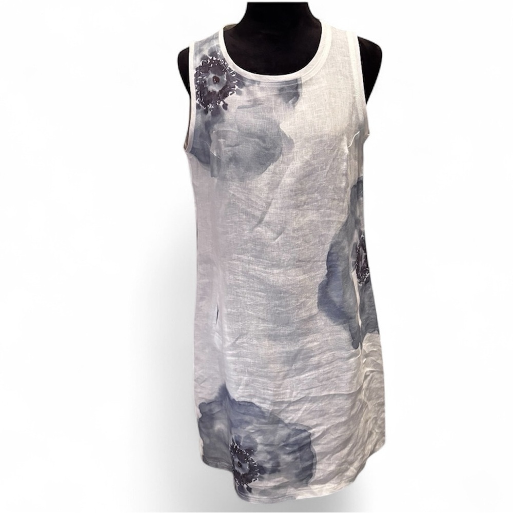 iLinen Linen Dress Watercolor Blue Flower, Medium, Chic Elegant Beach Classy - Picture 2 of 13